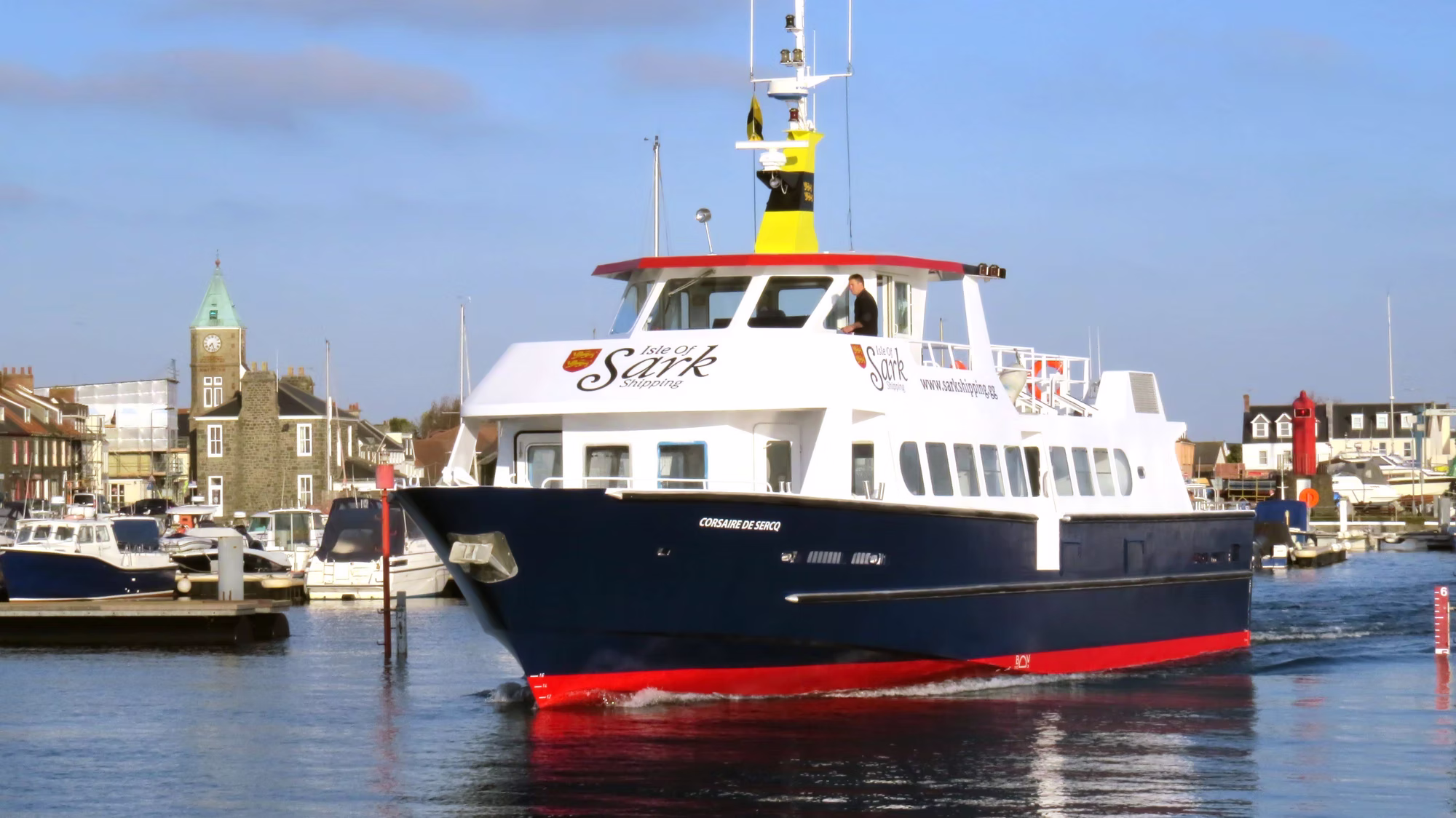 Corsaire De Sercq leaving St Sampson's Harbour after being Launched 27-04-2021 Pic by Tony